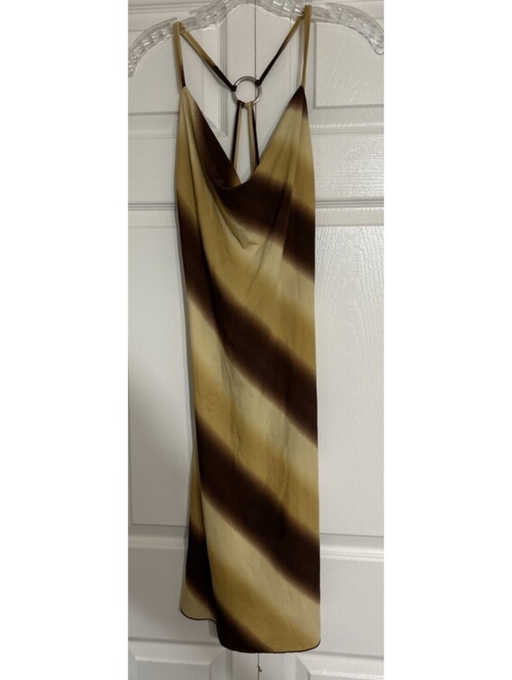 Beware Brown/Yellow Stripe Cowl Neck Strappy Sleeveless Midi Slip Dress M